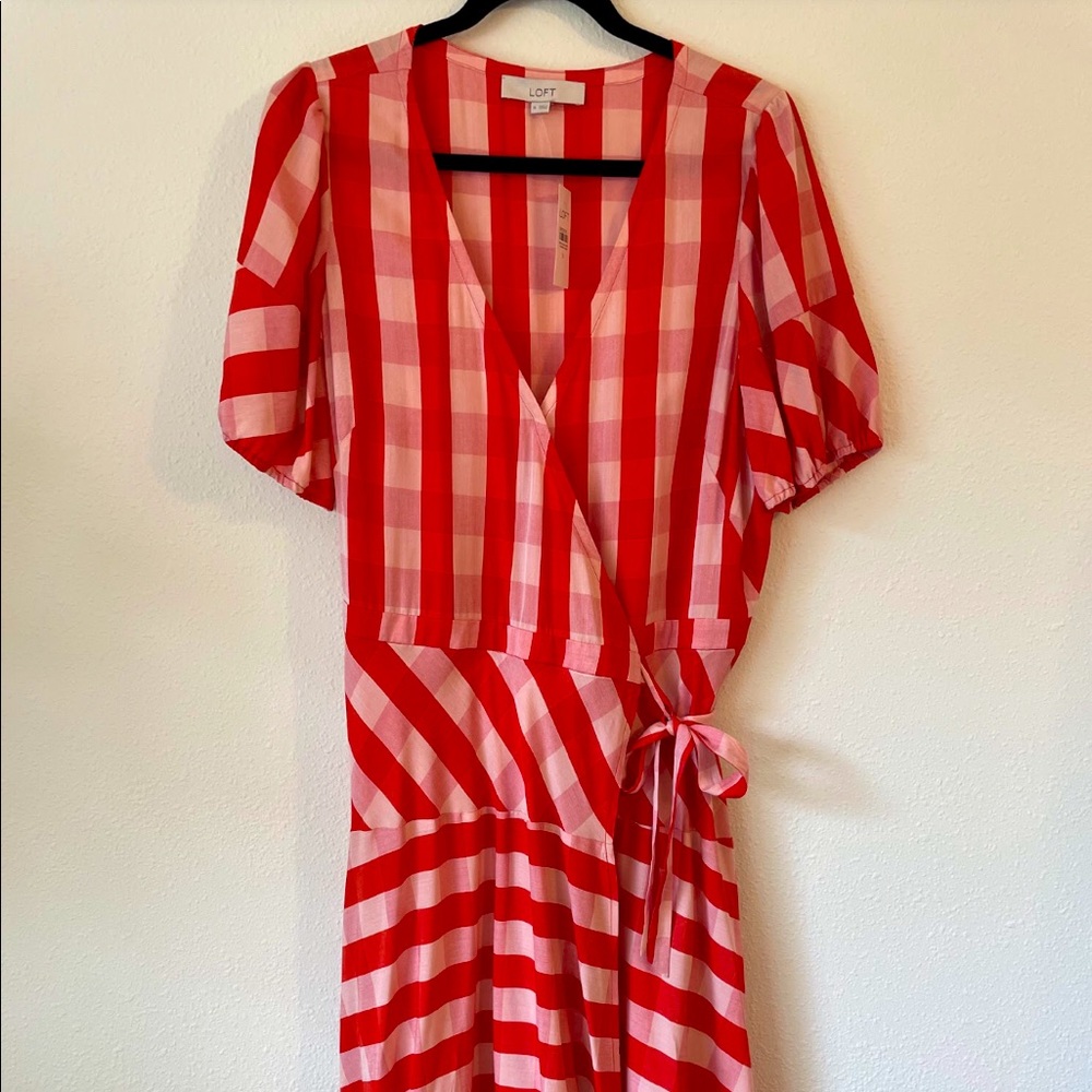 LOFT Red and Pink Striped Midi Wrap Dress